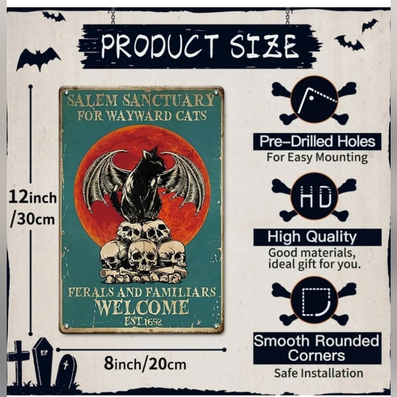 NEW Halloween "Salem Sanctuary For Wayward Cats" TIN sign 12"x8" - Picture 2 of 6